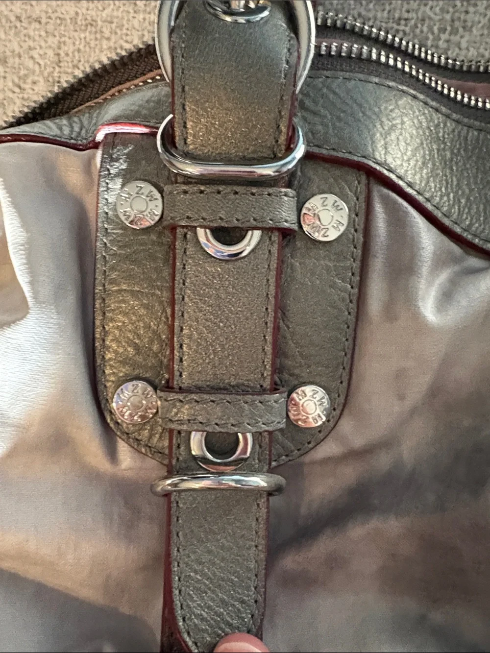 MZ Wallace Metallic Gray Distressed Nylon Leather Satchel Crossbody Bag